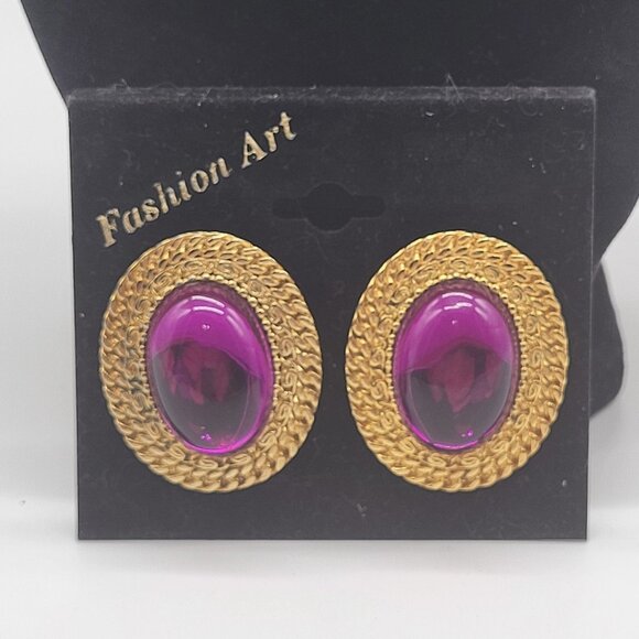unbranded Jewelry - VTG Gold Tone Purple Jewel Tone Cabochon Earrings Oval Statement Heavy Korea
